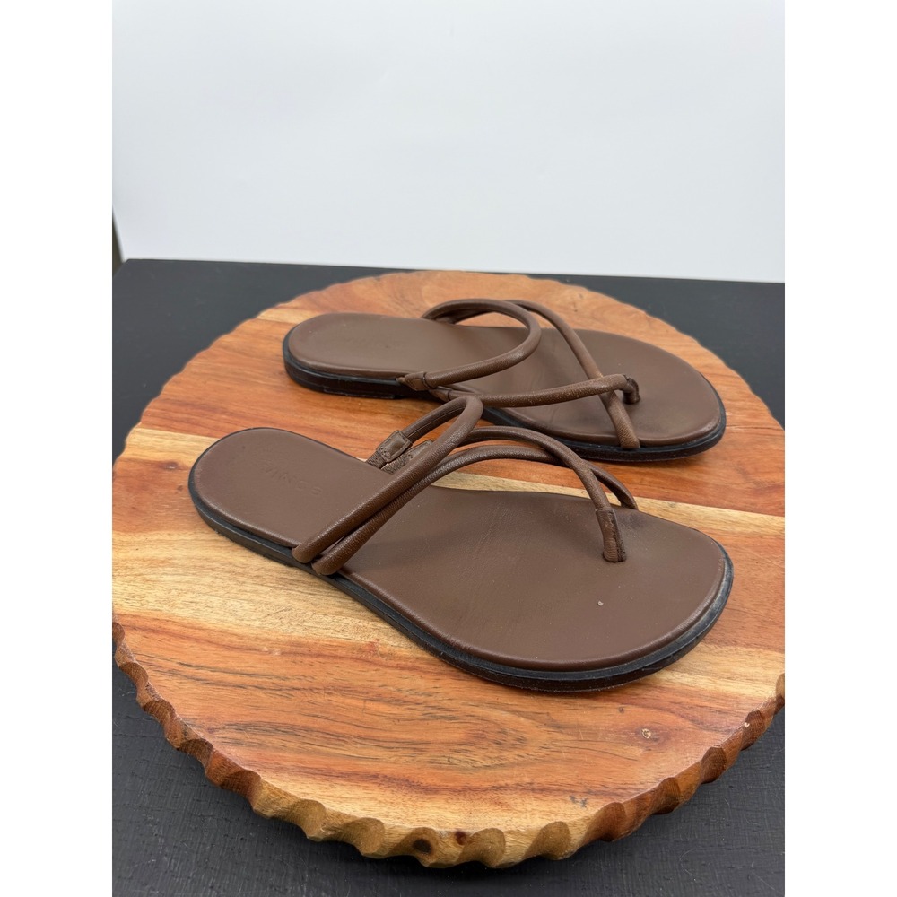 Vince Elisa Leather Thong Sandals Women 6 Brown Strappy Flat Slide Sandals
